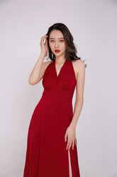 Robe longue en soie dos nu avec fente jusqu'aux cuisses et détail taille ajustée